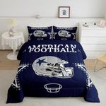 American Football Comforter Set Full Size Rugby Helmets Bedding Set 3pcs for Kids Boys Teens Men Bedroom Decor Ball Sports Gaming Quilted Duvet Modern Grey Stars Print Duvet Insert,Navy Blue