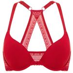 DOBREVA Women's Push Up Bra Front Fastening Bras T Shirt Racer Back Padded Underwired Plunge Bra Lipstick Red 38C