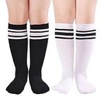 Kids Soccer Socks Toddler Striped Knee High Socks 2 Pairs School Uniform Socks Cotton Sports Socks for Boys Girls (Black White, 3-5 Years)