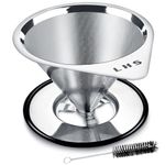 LHS Pour Over Coffee Dripper Stainless Steel LHS Slow Drip Coffee Filter Metal Cone Paperless Reusable Single Cup Coffee Maker 1-2 Cup with Non-Slip Cup Stand and Cleaning Brush