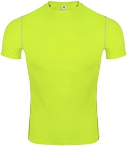 TOPTIE Men's Compression Base Layer, Short Sleeve Sports Top, Athletic Workout Shirt-Lime-M