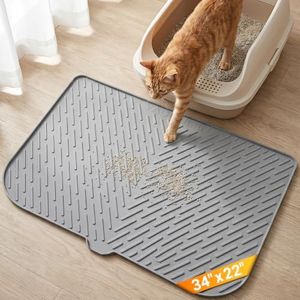 Large Cat Litter Mat, 34 x 22 Inch, Anti-slip Silicone Litter Box Mat, Gray