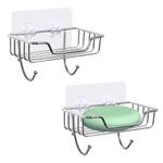 Uten 2 Pcs Strong Self Adhesive Soap Dish, Stainless Steel Soap Holder with Hook No Drilling, Wall Mounted Soap Tray for Shower Bathroom Kitchen, Silver