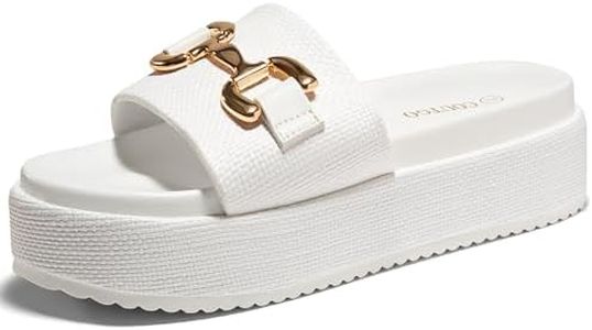 Coutgo Womens Platform Sandals Raffia Espadrilles Metal Chain Slip on Open Toe Cute Beach Slide Sandals, White, Size 6