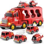 Fire Truck Toys for 3 4 5 6 Years Old Boys Girls - 5 in 1 Carrier Truck Transport for Toddlers 1-3, Friction Power Vehicles for Kids 3-5, Christmas Birthday Gifts