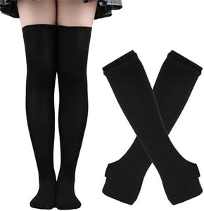 Women Thigh High Socks Fingerless Gloves Set 80s Extra Long Striped Over Knee Leg Warmer for Girls Arm Warmer Knit Stockings