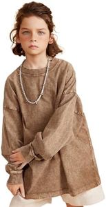 Yimoon Boys Shirts Cotton Long Sleeve Shirts Kids Acid Wash Oversized T Shirts Basic Tee Shirts 7-14Y(Khaki-7Y)