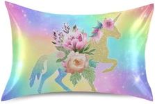 Blueangle Rainbow Unicorn Satin Pillowcase for Hair and Skin Silk Pillowcase, Standard Size(20x26 inches) - Slip Cooling Satin Pillow Covers with Envelope Closure