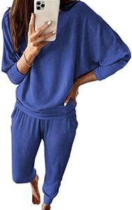PRETTYGARDEN Women's Fall Fashion Outfits 2 Piece Sweatsuit Solid Color Long Sleeve Pullover Long Pants Lounge Set (Blue,Small)