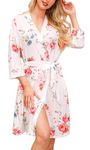 Lovasy Women's Robes Short Knit Kimono Robe Soft Lightweight Womens Dressing Gowns with Pockets,Floral White,M