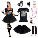 Women's 80s Costume Set Cotton T-Shirt,Tutus,Leg Warmers,Gloves,Necklace,Bracelets,Headband,Earrings(Black,L8-10)