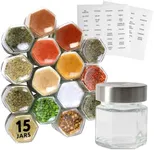 15-Pack Magnetic Spice Jars Hexagon Glass Spice Jars with Stainless Steel Strong Magnet Lids - Space Saving Storage for Dry Herbs and Spices - Great for Fridge, Backsplash and More