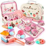 Flower Tea Set for Little Girls, Birthday Gift for Age 3 4 5 6 Year Old, Toddler Toys Tea Party Set for Little Girls, Princess Kids Kitchen Pretend Toy with Tin Tea Set, Desserts & Carrying Case