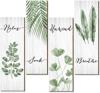 Bathroom Wall Decor 4 Pieces Relax Soak Unwind Breathe with Boho Leaf Art Print Minimalist Bathroom Sign Botanical Wooden Hanging Wall Art Decor for Farmhouse Home Bathroom (Green, 11 x 3.5 Inch)