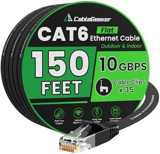Cat 6 Ethernet Cable 150 ft, Indoor&Outdoor, High Speed 10Gbps Internet Network, Pure Copper Flat Ethernet Patch Cable Long, Computer LAN Cable with Clips & Straps for Router, Modem, PS4/5, Black