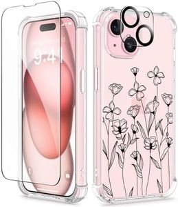 GVIEWIN 3 in 1 Designed for iPhone 15 Plus Case 6.7 Inch, with Screen Protector + Camera Protector Clear Flower [Not-Yellowing] Shockproof Women Slim Phone Cover, 2023 (Sketch/Black)
