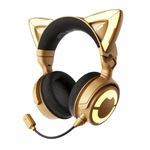 YOWU Cat Ear Headphones Rave, Created with Mariana BO, Hi-Fi Gaming Headset with Attachable HD Mic -Active Noise Reduction, 50mm Coaxial Speaker & Customizable Lighting and Effect via APP (Golden)