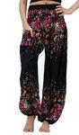 B BANGKOK PANTS Harem Pants Women Yoga Boho Clothes with Pockets, Black Floral, One Size