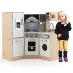 GYMAX Kids Corner Kitchen, Wooden Toy Kitchen with Microwave, Range Hood, Washing Machine, Ice Dispenser, Phone, Cooking Accessories, Realistic Light & Sound, Large Play Kitchen for 3 Years Old +