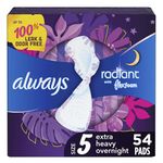 Always, Radiant With FlexFoam Pads For Women, Size 5, Extra Heavy Overnight Absorbency With Wings, Light Clean Scent, 54 Count
