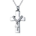 Quiges Stainless Steel Memorial Ash Holder Double Crystal Cross Pendant for Cremation Urn Keepsake with Adjustable Cable Chain Necklace 46 to 52 cm