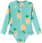LIZENS Girls' One-Piece Swimwear Rash Guard Swimsuit Zipper Bathing Suits Long Sleeve Ruffle Girl Full Cover Flower Print (LG20G07,3-4T)