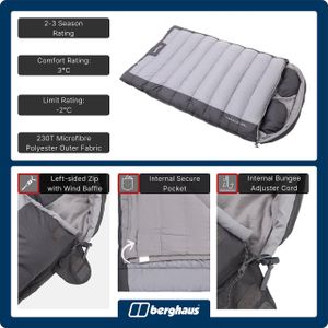 Berghaus Double Sleeping Bag – Waterproof, Built-in Pillow, 2-3 Season, Grey