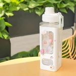 Dasosmi Kawaii Water Bottle with Straw and Sticker, Kawaii Bear Water Bottle, Large Sport Plastic Portable Square Drinking Bottle for Girl, Cute Juice Tea Water Cups-700ml (White)