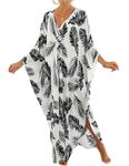 Bsubseach Women Bathing Suit Cover Up Beach Kaftan Dress Plus Size Caftan Summer Long Cover Ups Black Leaves Print