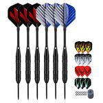 LARRITS Professional 6 Pack 23 Grams Steel Tip Darts Set With Black Aluminum Shafts, include 9pcs Standard Flights + 9pcs Laser Flights + 12pcs Rubber O-Rings + Dart Sharpener + Storage Case