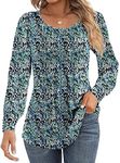 Ficerd Women's Puff Long Sleeve Tunic Tops Pleated Crew Neck Blouses Dressy Casual Loose Fit Fall and Winter Shirts, Blue Floral, Large