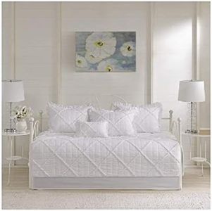 Madison Park Daybed Cover Set - Trendy Design, All Season Luxury Bedding with Bedskirt, Matching Shams, Decorative Pillow, Quilted Diamond Ruffle White 75"x39" 6 Piece