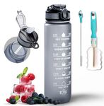 K-MART Water Bottle 1000ml Sports Water Bottle with Motivational Time Marker & Straw, Dishwasher Safe Leak-proof Drink Bottle BPA Free Non-Toxic Tritan Material 1 Click Open for Running Gym (Grey)