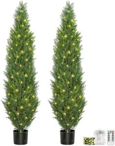 5FT Topiary Trees Artificial Outdoors 2 Pack, Two 5 Foot UV Resistant Faux Cedar Topiary Ball for Outdoor Front Porch Door, Set of 2 Fake Pine Cypress Tree with Led String Light