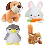 Future Shop Pack of 4 Elegant Soft Toys: Dog, Rabbit, Squirrel & Grey Penguin| Premium Plush Set for Kids| Perfect for Gifting and Playtime