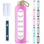 PROBTTL 32 Oz Borosilicate Glass Water Bottle with Time Marker Reminder Quotes, Leak Proof Reusable BPA Free Motivational Water Bottle with Silicone Sleeve and Bamboo Lid (Fuchsia Pink)