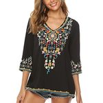 Seasonal Women's Boho Embroidered Tops Mexican Peasant Style Bohemian 3/4 Sleeve Shirt Hippie Clothes Summer Tunic Blouses (Black, S)