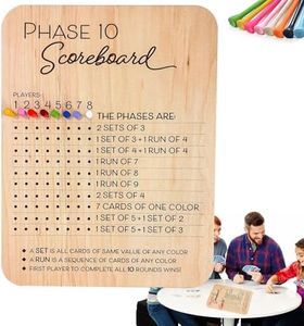 Phase 10 Score Board, 2025 New Wooden Phase 10 Scoreboard with 8 Colored Pegs for Phase 10 Card Game, Phase Ten Score and Round Tracker Fun Board Games for Families, Adults