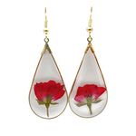 Red Rose Natural Real Flowers Waterdrop Teardrop Resin Gold Plated Drop Dangle Earrings for Women Handmade Love Romantic