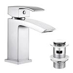 Hapilife Basin Taps Waterfall with Pop up Waste Square Bathroom Sink Mixer Taps with UK Standard Hoses