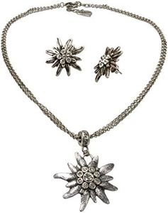 Alpenflüstern Costume Jewellery Set Costume Necklace and Stud Earrings Rhinestone Edelweiss – Women's Costume Jewellery Set Dirndl Necklace and Costume Earrings Antique Silver Colours SET030, 65%