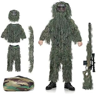 ANZOME 5 in 1 Kids Ghillie Suit 3D Child Camouflage Hunting Apparel Youth Gilly Suit Including Carry Bag&Hood Gillie Sniper Suit for Shooting Game, Halloween Party