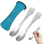 2 Pack 3 in 1 Stainless Steel Camping Spork, Multifunctional Lightweight Knife Fork, Knife Spoon Fork with Portable Pouch, Outdoor Cutlery, All in One Fork for Outdoors, Camping, Hiking Travel