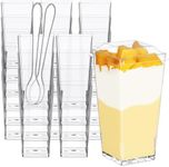 Eupako 3 oz Plastic Dessert Shooter Cups with Lid and Spoons, 50 PCS Mini Clear Square Plastic Tumbler Cups, Small Dessert Cups for Jello Shots, Appetizers, Puddings, Mousse, Parfait