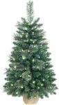 Pre-lit artificial Christmas tree 90cm/3ft,100 PVC Branches Tips+20 Flowering Pine Needles+Burlap Wrapped Plastic Base,Green Xmas Tree for Tabletop or Desk