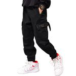 Hill & Sea Boys Cargo Pants Casual Cotton Pants Loose Hiking Bottoms Elastic Cuffed School Uniform Sweatpants Joggers(21009Black,14-16)