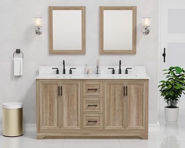 TILE & TOP Retford 60" Double Bathroom Vanity, 61" W x 22" D x 34.5" H, Carrara White Engineered Marble Top with Sink & Backsplash, Light Wood, MDF, Pre-Assembled, Soft-Closing Drawers and Doors.