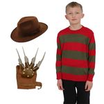 The Fancy Dress Kids Halloween Freddy Jumper, Explorer Hat With Claw Set - A Nightmare On Elm Street Scary Halloween Costumes For Boys (Full-Set, 11-12)