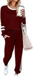 Aloodor Lounge Sets for Women Block Casual Sweatsuit Outfits Wine Red 3XL