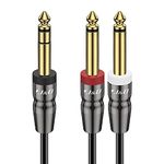 J&D 1/4 inch TRS Cable, Copper Shell 6.35mm 1/4 inch TRS Male to Dual 6.35mm 1/4 inch TS Male Stereo Y Splitter Insert Cable, Gold Plated Mono Breakout Cable Audio Cord, 1.8 Meter